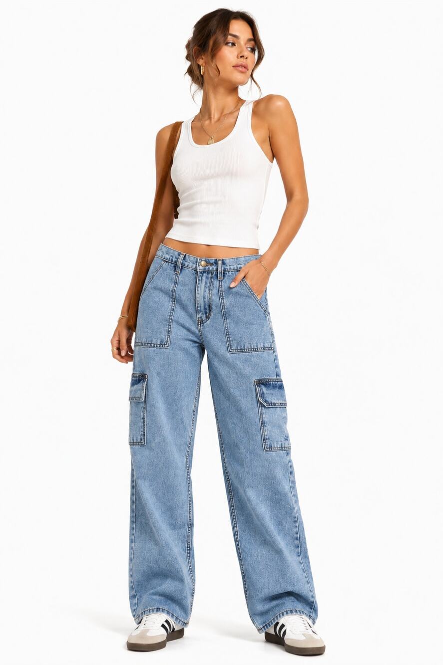 On The Way Blue Wide Leg Cargo Jeans Womens M Casual Denim